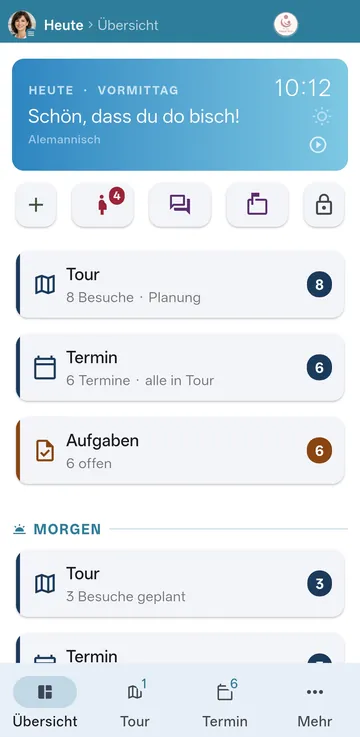 Startbildschirm „Heute“: Begrüßung, Schnellzugriffe, Tour mit 8 Besuchen, Termine, offene Aufgaben